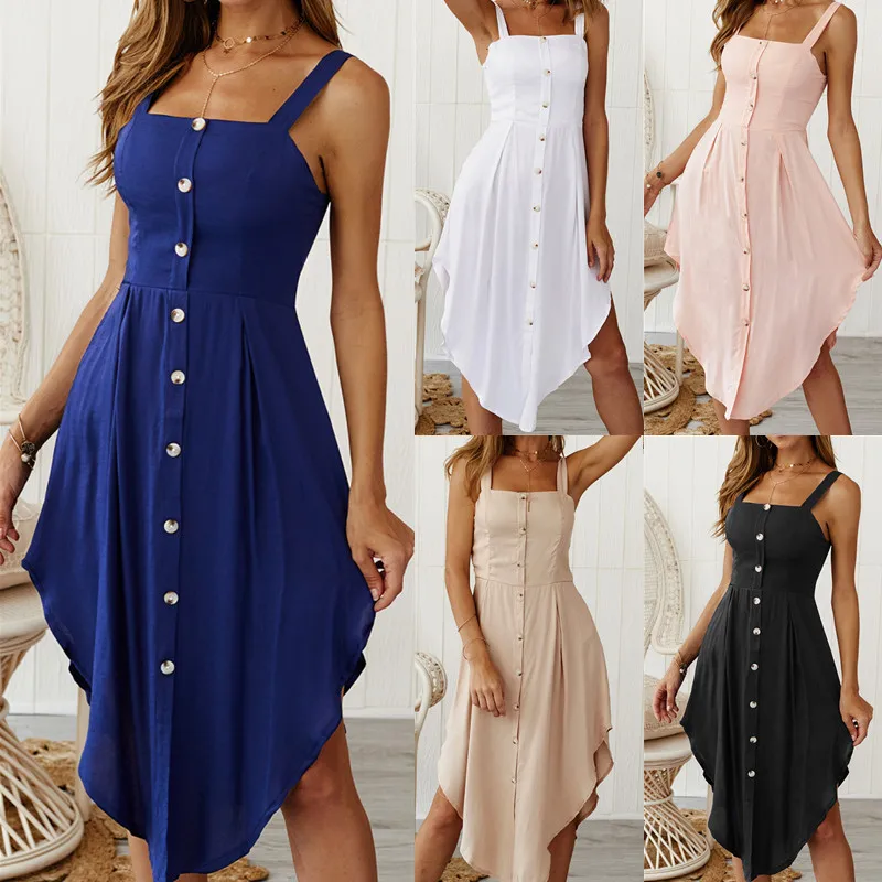 

Fashion Country Style Summer Dress Women Solid Button Sling Spaghetti Asymmetrical Short Sleeve Dresses Girl Boho Vestidos