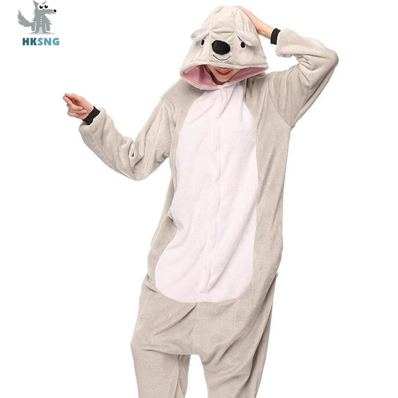 HKSNG Unisex Animal Adult Grey Koala Onesie Pajamas Flannel Cartoon Family Party Costumes Jumpsuits Kigurumi