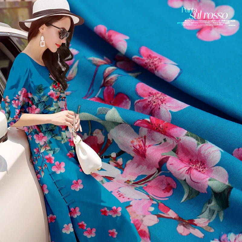 Spring peach color heavy silk linen/silk jute print silk fabrics of