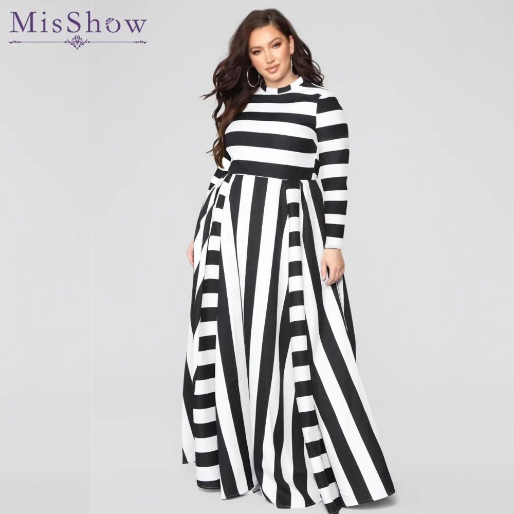 

Misshow Plus Size Striped Long Sleeve Women Dress Casual 5XL Boho Maxi Autumn Winter Dress Christmas Dress for Women Robe Femme