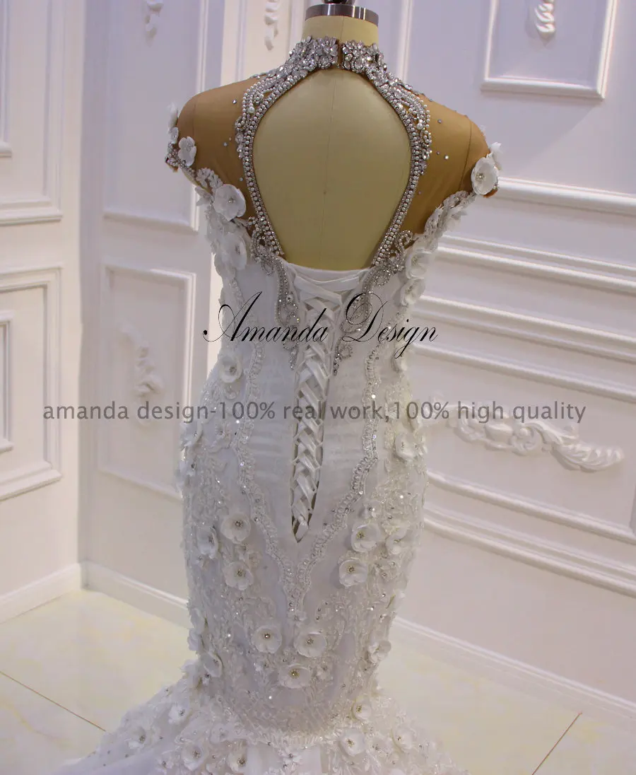 Аманда Дизайн Роскошный Высокий воротник горный хрусталь хрустальные цветы Русалка Африканский свадебное платье