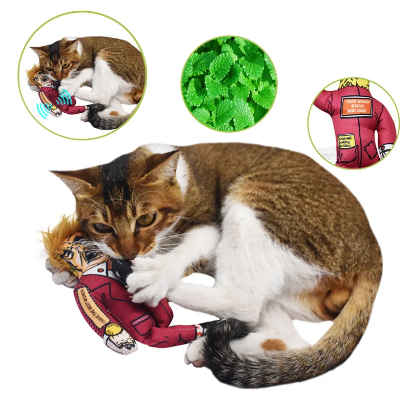 

Creative Interactive Pet Cat Toys Donald Trump Funny Cat Mint Canvas Durability Plush Squeak Chew Sound Catnip Toy Chew Toys