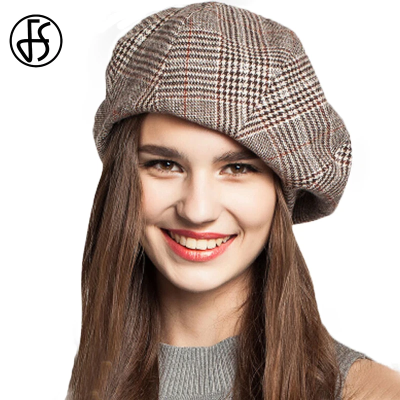 Beste Fs Franse Kunstenaar Beret Hoed Voor Vrouwen Vrouwelijke Winter Mode Blauw Bruin Plaid Wol Dikke Baretten Schilder Achthoekige Hoeden caps