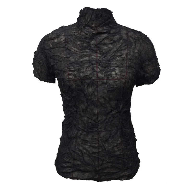 

Changpleat 2018 New Black Sexy perspective women T-shirt Miyak Pleated Turtleneck Design Short sleeve Female T-shirts Tops Tide