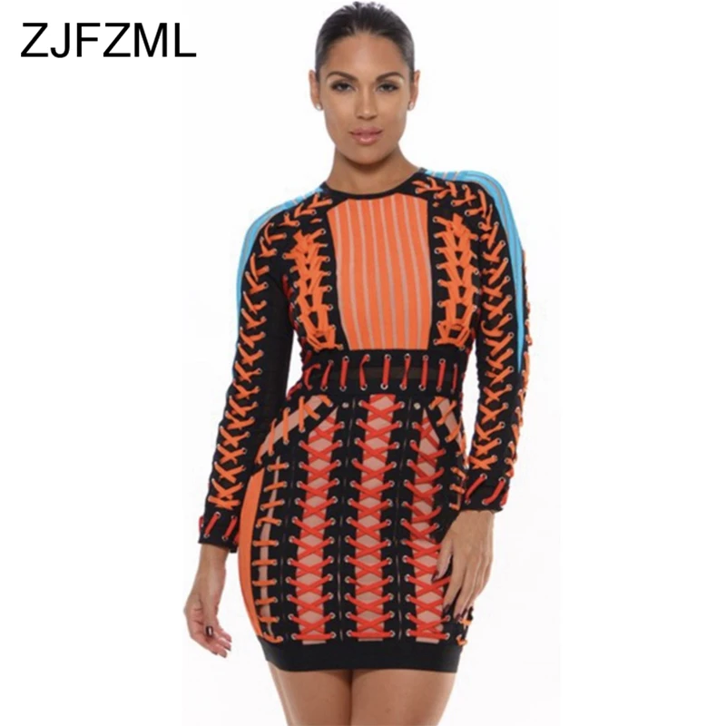 Criss Cross Lace Up Sexy Mini Dress Women Fashion Full Sleeve Striped Print Bandage Dress Casual ...