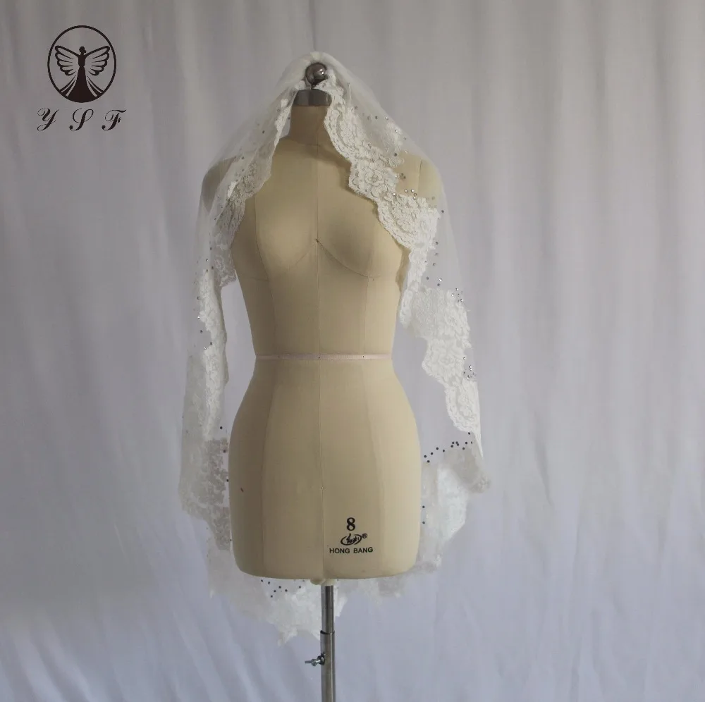 Модная Однослойная кружевная короткая свадебная фата с кристаллами|short wedding