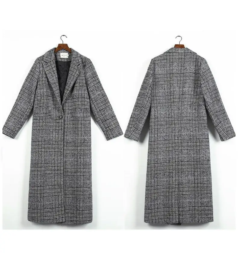 Женское шерстяное пальто в клетку, женское Свободное длинное однобортное шерстяное пальто, весенне-осеннее пальто, шерстяное пальто, шерстяные куртки WJ54 - Цвет: Черный