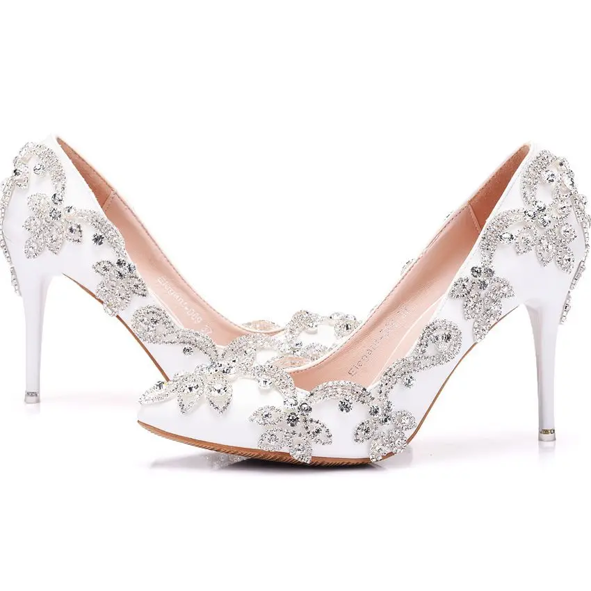 

Shoes Women Pumps Fashion Stiletto High Heel9.5CM White Wedding Pumps Women Sweet Flower Crystal Pointed Toe Ladies Bridal Shoe