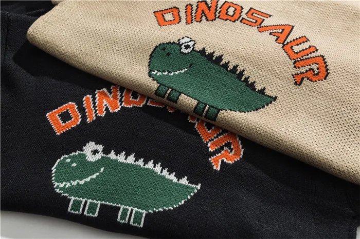 Забавный вязаный свитер с вышивкой динозавра для мужчин; милый вязаный пуловер с круглым вырезом и рисунком для мальчиков; джемпер большого размера; M-XL