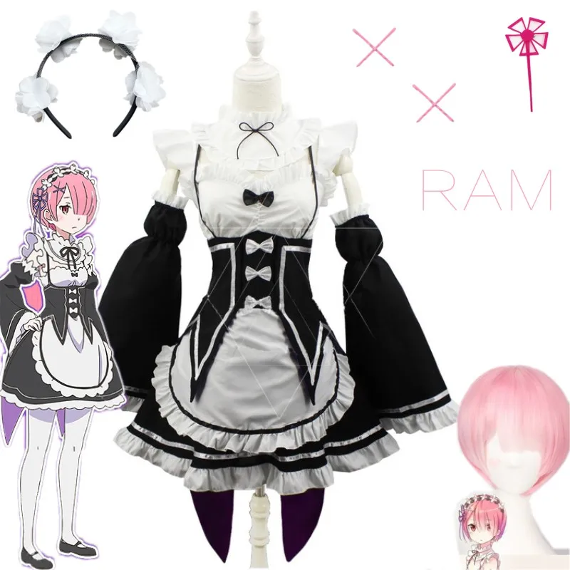 Ram Rem Re: zero Kara косплей костюм женские платья парик Ram Rem для девочек платье Hajimeru Isekai Seikatsu жизнь в другом мире - Цвет: RAM Dresses with Wig