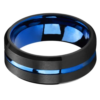 

Anniversary Rings Blue Tungsten Bands Blue Grooved Center Double-sided Steps Promise Rings for Couples Unique Jewelry