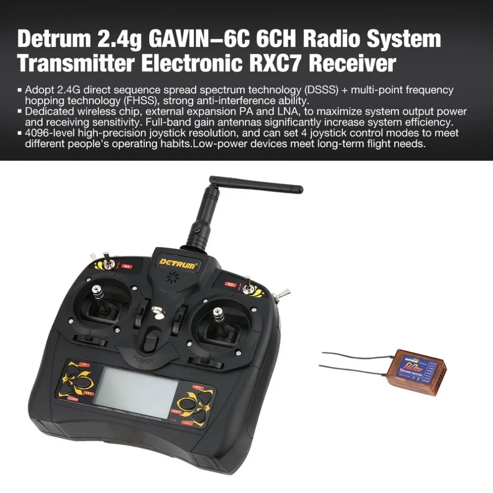 

Detrum GAVIN-6C 6-Channel 2.4G Digital Remote Control + RXC7 Receiver + USB Connection Line Set for RC Plane Boat Car Model ht