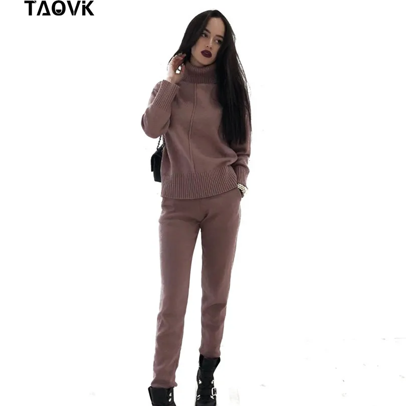 

TAOVK Women's knitted Suits Spring sweater set Mid Line Turtleneck Pullover Sweater Pants two pieces Sets warm Jogging Costumes