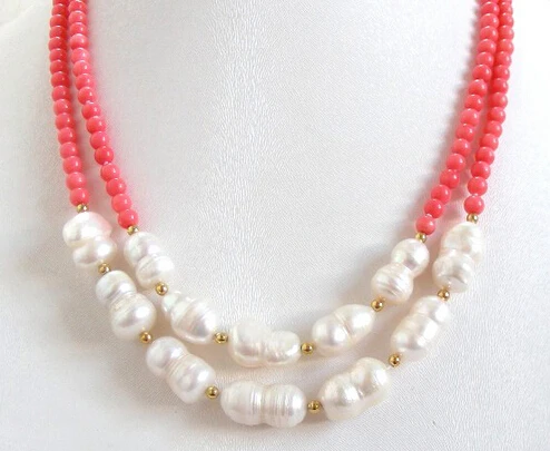 

Jew3109 CLASSIC double 20" 17mm white natural pearls pink coral necklace