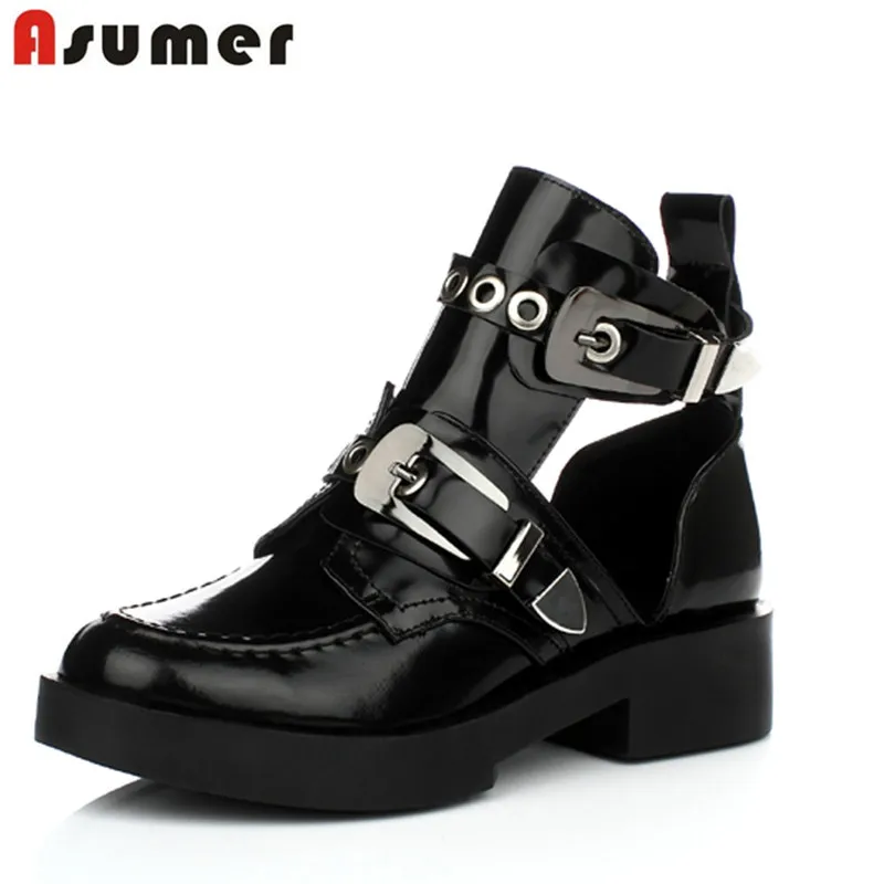 

2016 new summer autumn full genuine leather boots buckle black high quality punk rock women motorcycle boots shoes