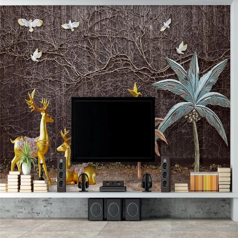 

Custom wallpaper modern 3D three-dimensional golden elk landscape background wall painting