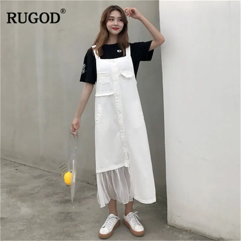 RUGOD New Vintage White Cowboy Jean Dress Women 2019 Summer Fashion Mesh Patchwork Pockets Long Maxi Dress Befree Vestidos