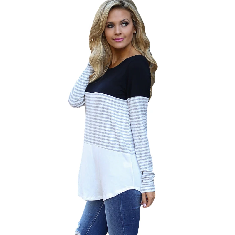 

2018 New Korean Style Long Sleeve T Shirt Woman Casual Loose Patchwork Striped T-shirt O-neck Women Tops Large Size Camiseta