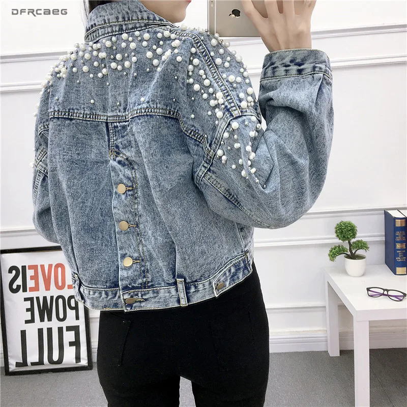 Vintage Women Jean Jacket Witrh Pearls Beading 2019 Spring Long Sleeve Pockets Denim Jackets Women Loose Outwear Female