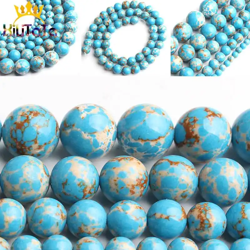 

Round Sea Sediment Beads Light Blue Loose Spacer Beads 15'' Pick Size 4/6/8/10/12mm For Jewelry Making DIY Bracelets Necklace