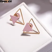 HUANZHI дизайн милые двухсторонние полые золотые металлические геометрические розовые треугольные серьги-гвоздики для женщин и девушек