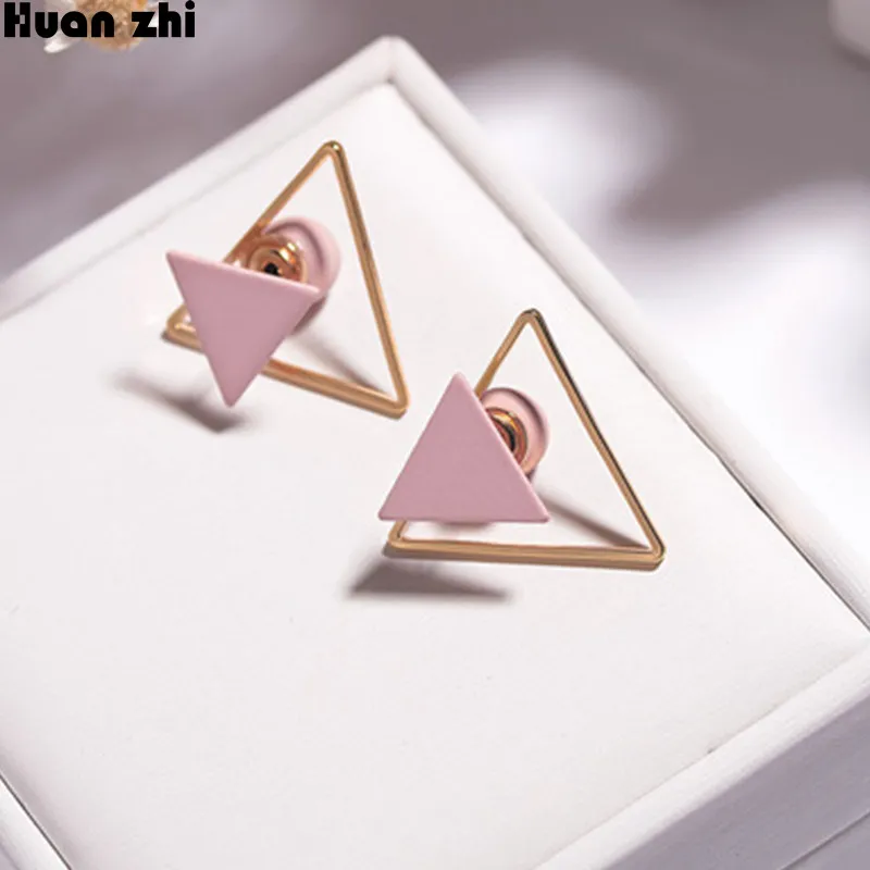 

HUANZHI New Design Cute Double Side Hollow Out Gold Metal Geometric Pink Triangle Stud Earrings for Women Girl