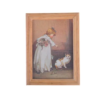 

1pcs Resin Frame Girl And Cat Mural Wall Painting Dollhouse Miniature 1:12 Classic Toys Dollhouse Picture Decoration