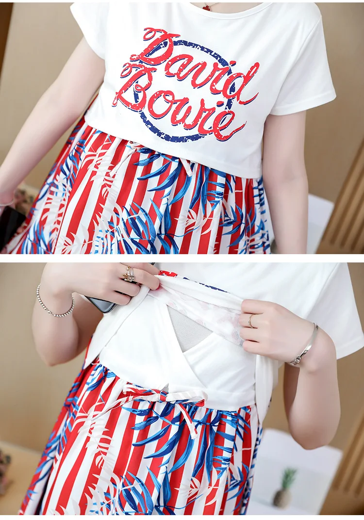 Fashion Stitching Maternity Clothes 2019 Summer Short Sleeve Nursing Dress Breastfeeding Clothes for Pregnant Women QL6075