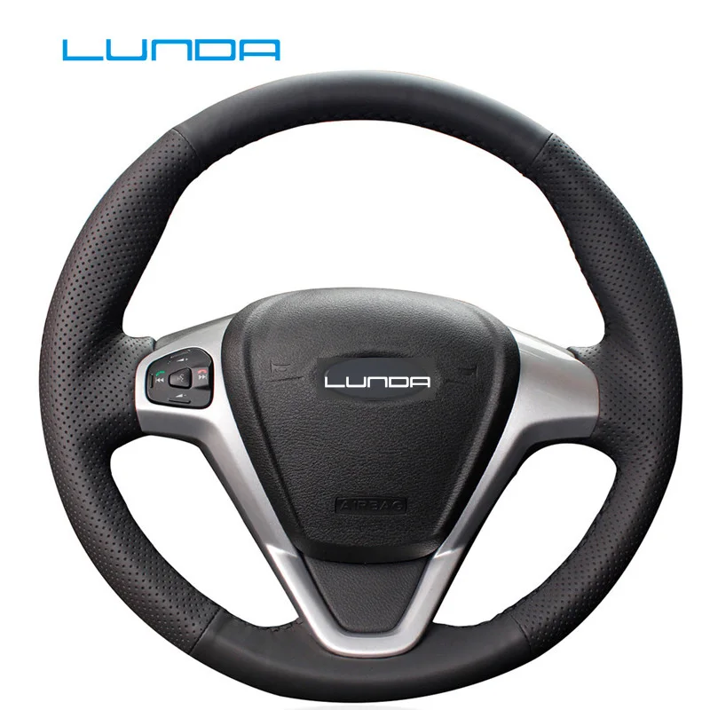 LUNDA черный кожаный чехол рулевого колеса автомобиля для Ford Fiesta 2008-2013 Ecosport 2013- ручная работа