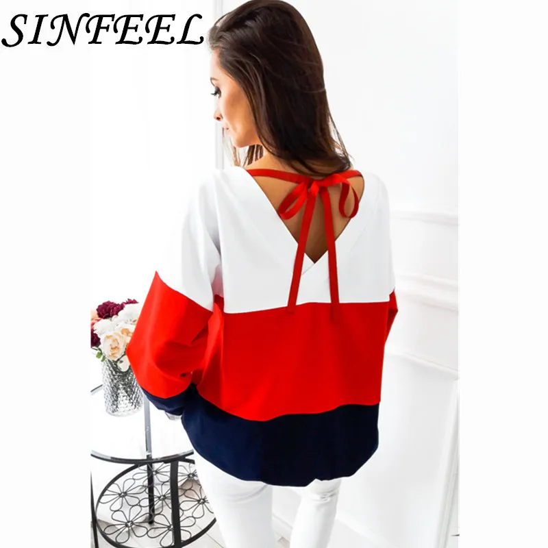 SINFEEL 2018 Autumn Sweatshirt Female Color Block Patchwork Sexy V Back Hoodie Femme Top Tee Shirt O-neck Sweatshirt Women