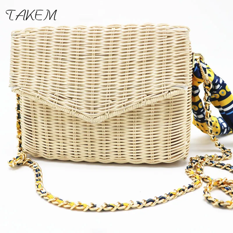 

TAKEM 2018 Women Scarf Straw Bag Bohemian Bali Rattan Beach Shoulder Bag Women's Bags Lady Vintage Handmade Kintted Crossbody
