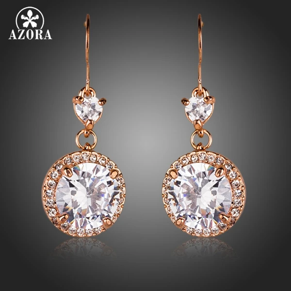 

AZORA Rose Gold Color Heart Shaped CZ Connect Round Cubic Zirconia Drop Earrings TE0145