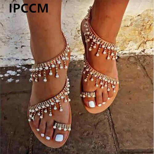 

IPCCM Brand2018 New Summer Women Shoes Sandals Pearl Beads Thong Flat Sandals Women Gladiator Fashion Sandals Size Us5-9.5
