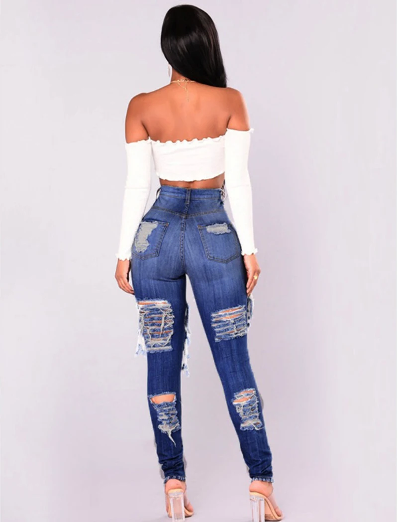 Горячая Распродажа женские модные джинсы Для женщин облегающие джинсы до пояса карандаш синий женские джинсовые брюки рваные тертые хлопковые джинсы женские