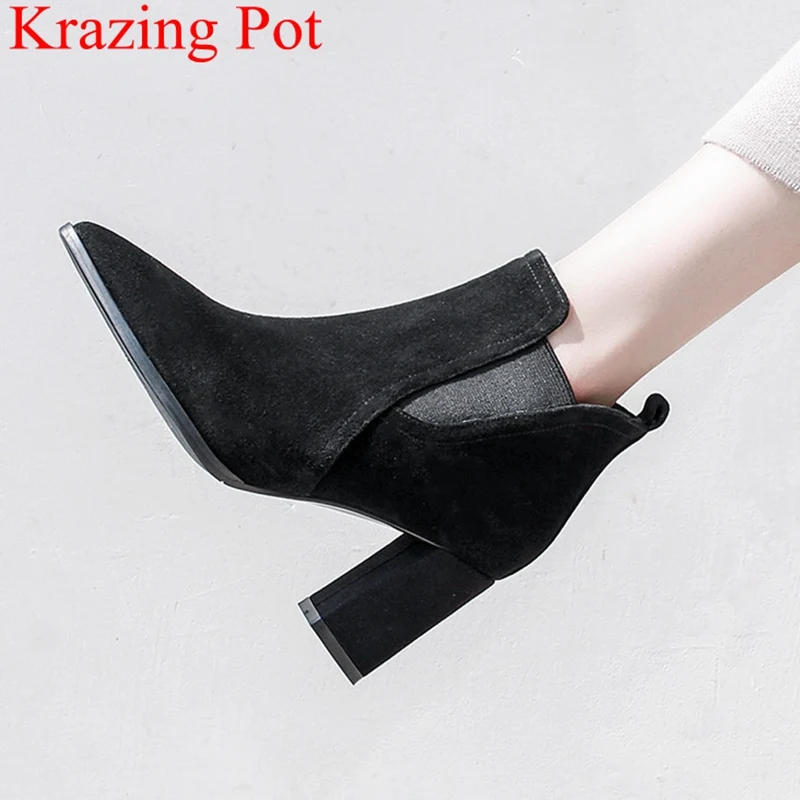 

2018 superstar cow suede pointed toe high heels women ankle boots elegant runway pink fashion handmade party winter shoes L11