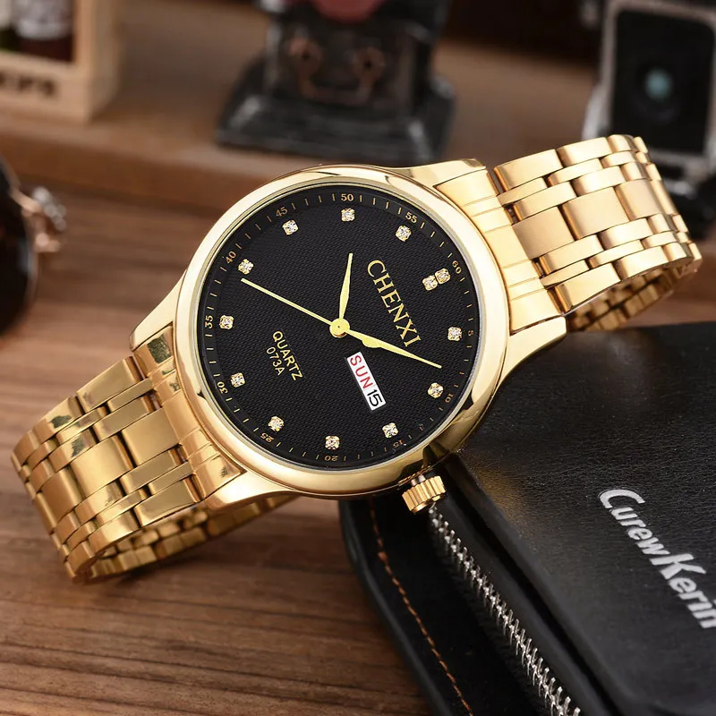 

New Luxury Brand Men Stainless Steel Gold Calenda Watch Men's Quartz Clock Man Sports Waterproof Wrist Watches relogio masculino