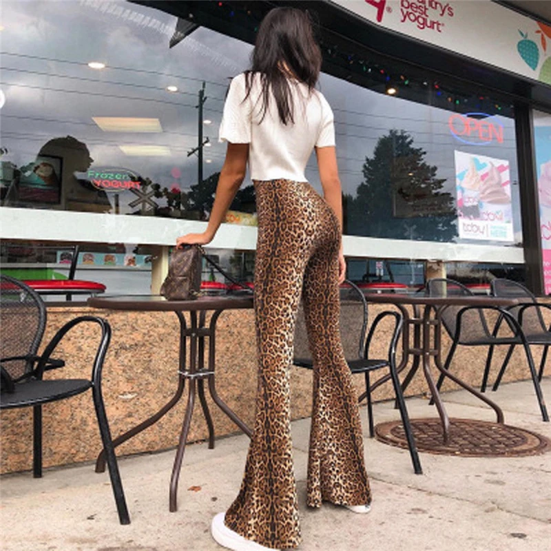 Новые модные женские брюки с леопардовым принтом и высокой талией, женские расклешенные брюки, модная уличная одежда