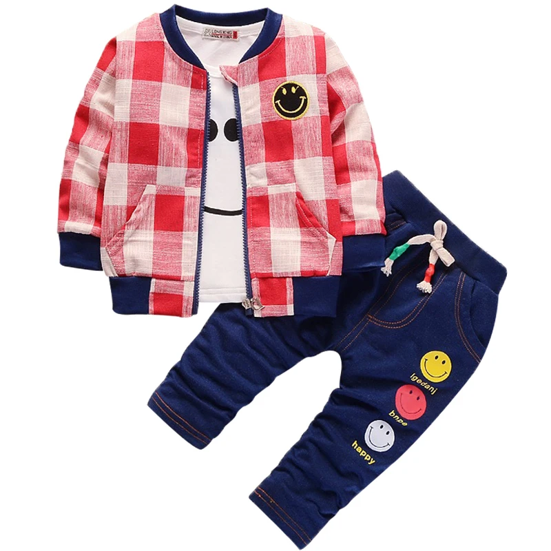 Новые высококачественные комплекты одежды для мальчиков, комплекты на весну-осень, костюмы с пальто, хлопковое пальто в клетку для маленьких мальчиков+ футболка+ штаны, комплект из 3 предметов с курткой для малышей