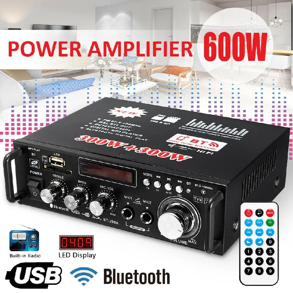 

LeadingStar 600W LCD Amplifier HIFI Audio Stereo Bluetooth FM 2CH AMP Car Home USB SD MP3 Player
