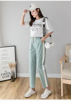

New Fashion Casual Pencil Women Pants Cotton Linen Length pants women High Waist Pant Spring Summer Striped Women's Trousers