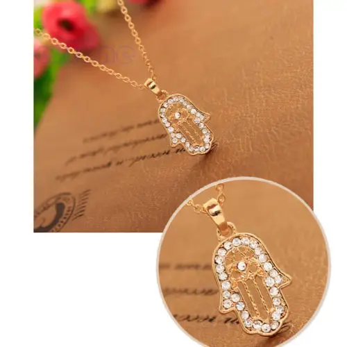 

New Lucky Lady Fatima Hand Hamsa Necklace Pendant Rhinestone Golden Chain Charm
