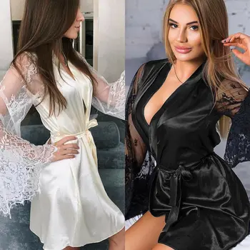 

Hirigin Women Sexy Satin Silk Lace Lingerie Robe Sleepwear Kimono Bath Robe Pyjama Gown Nightdress