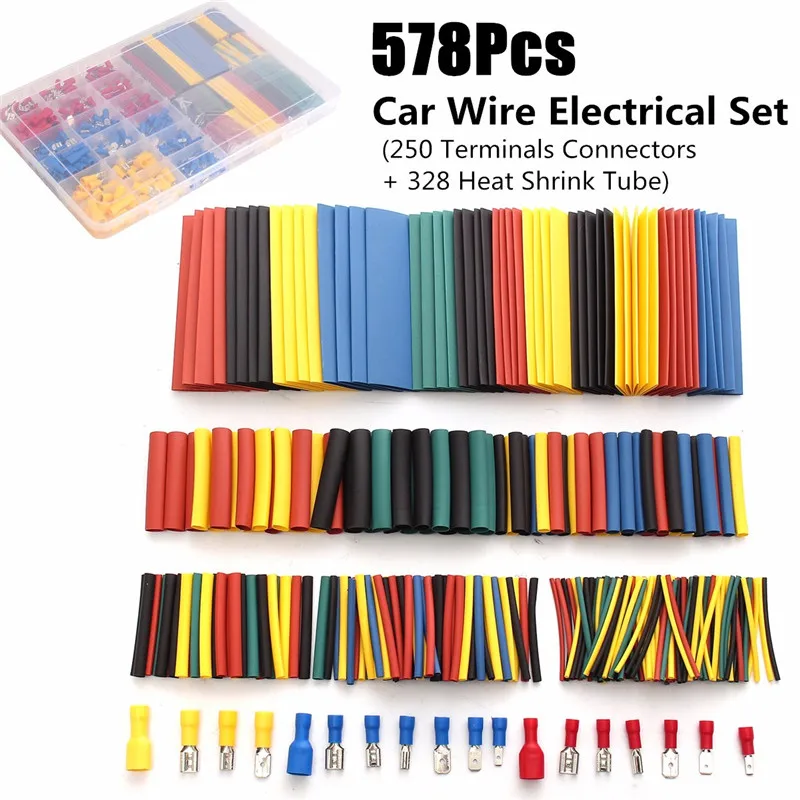 

578Pcs Car Wire Electrical Set 250 Terminal Connectors + 380 2:1 Heat Shrink Tube RSFR Heatshrink Wire Wrap Cable Kit With Box H