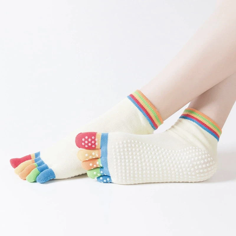 Разноцветные хлопоковые носки для йоги, носки с пятью пальцами, массажные носки, Нескользящие женские носки с принтом в горошек