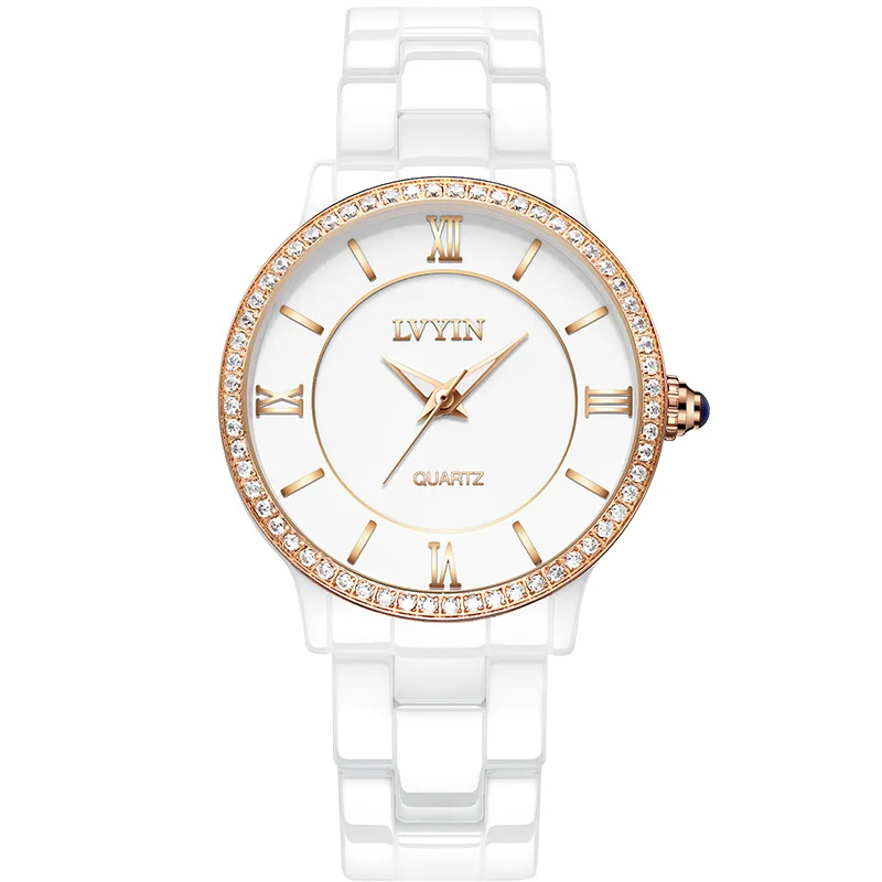Lvyin Брендовые женские часы водонепроницаемые кварцевые женские наручные часы с бриллиантами роскошные женские керамические часы белое золото серебро - Цвет: Золотой