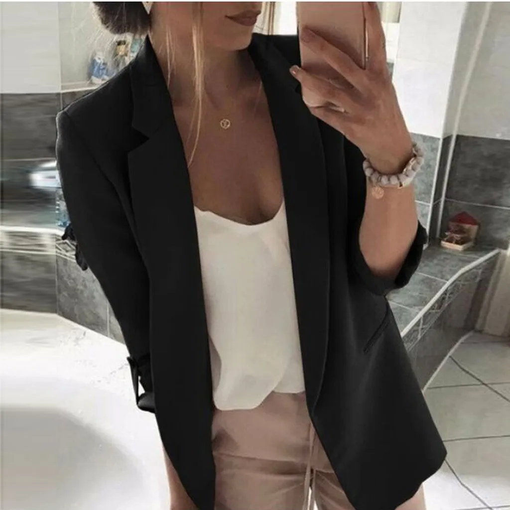 

Chic Open Front Blazer Woman Solid Long Sleeve Notched Collar Blazer Feminino Office Ladies Suits Coat