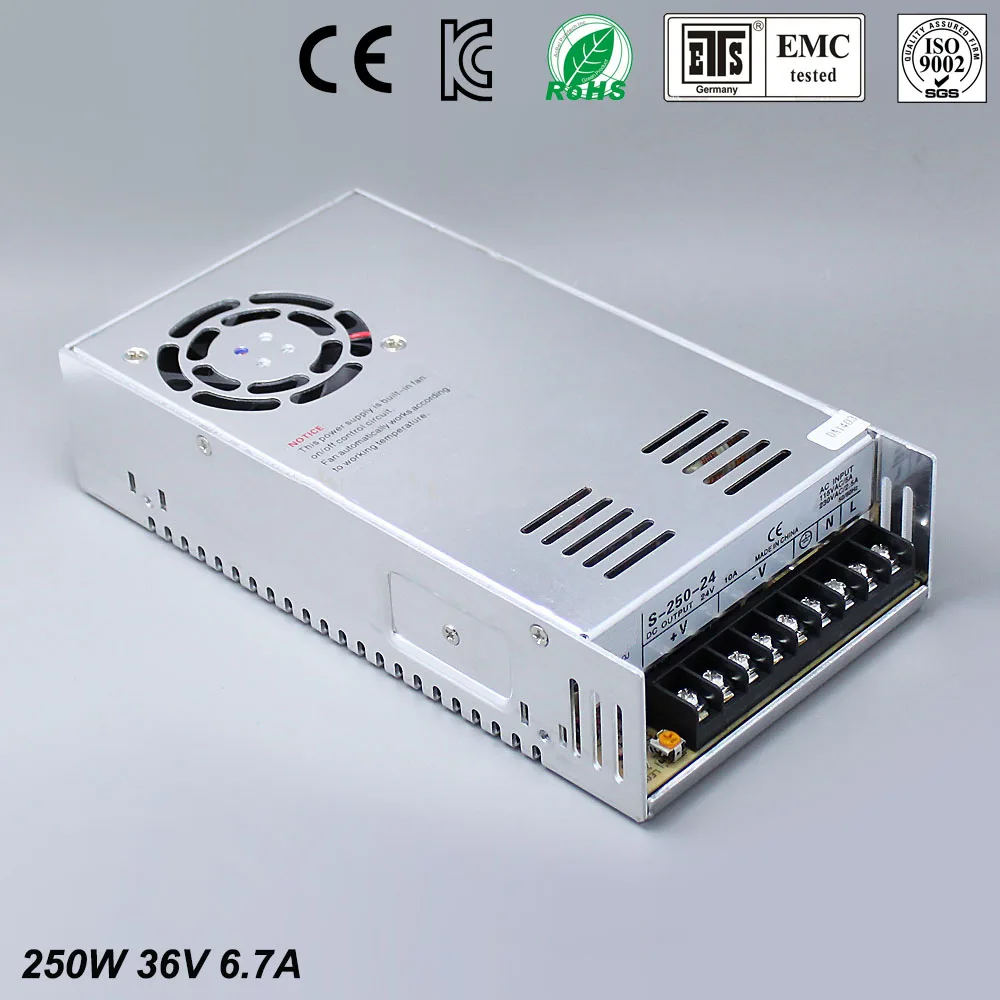 

Universal 36V7A 250W Regulated Switching Power Supply Transformer 100-240V AC to DC For LED Strip Light Lighting CNC CCTV MOTOR