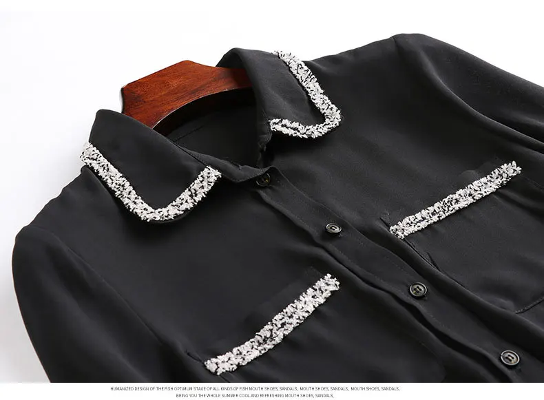 Blusas Весенняя модная офисная Рабочая рубашка для женщин с отложным воротником с аппликацией и кисточками в стиле пэчворк с длинным рукавом черная шифоновая рубашка