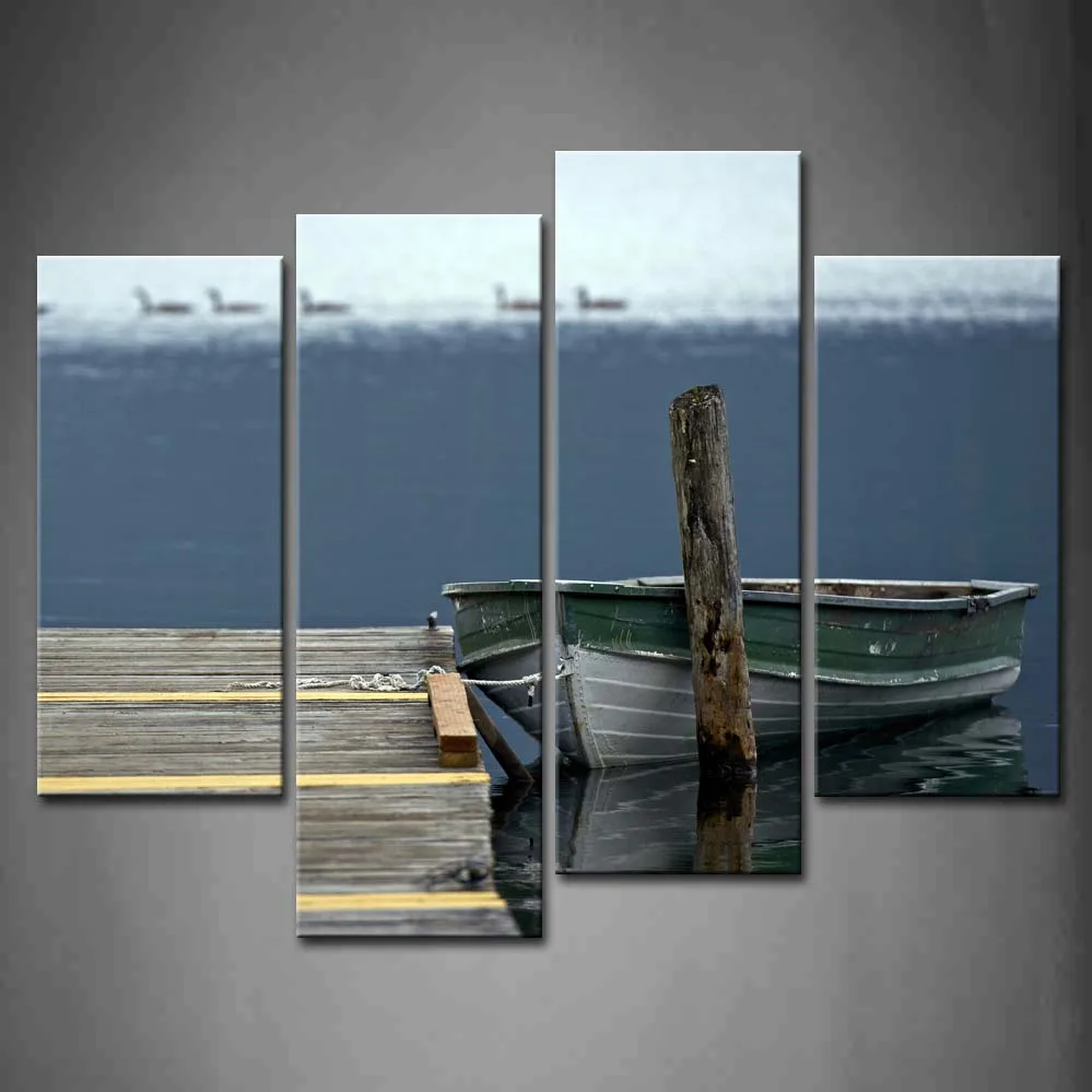 

4 Pics Framed Wall Art Pictures Boat Lake Dock Ducks Canvas Print Artwork Landscape Posters With Wooden Frames For Decor