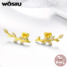 WOSTU серьги-гвоздики золотистого цвета с цветами и листьями, 925 пробы, серебряные, циркониевые маленькие серьги для женщин, корейское модное ювелирное изделие FIE556